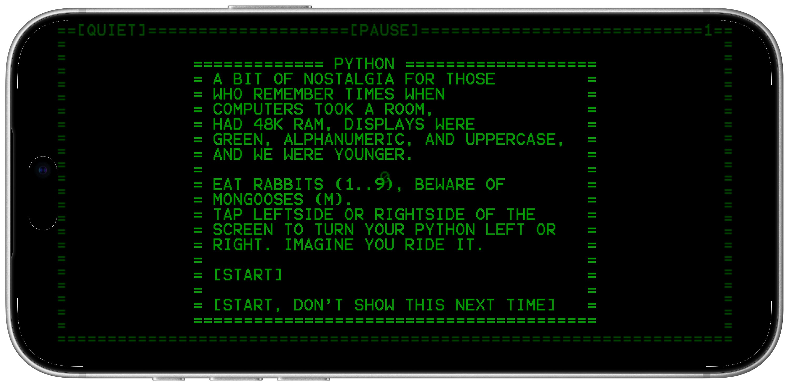 Python game instructions on a retro iPhone screen